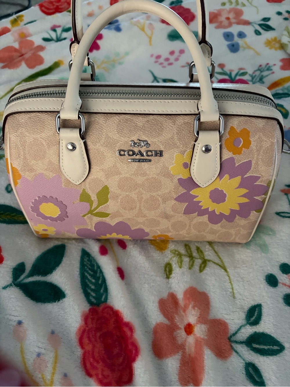 COACH Beige Signature Floral Mini Satchel with Pink and Yellow Accents